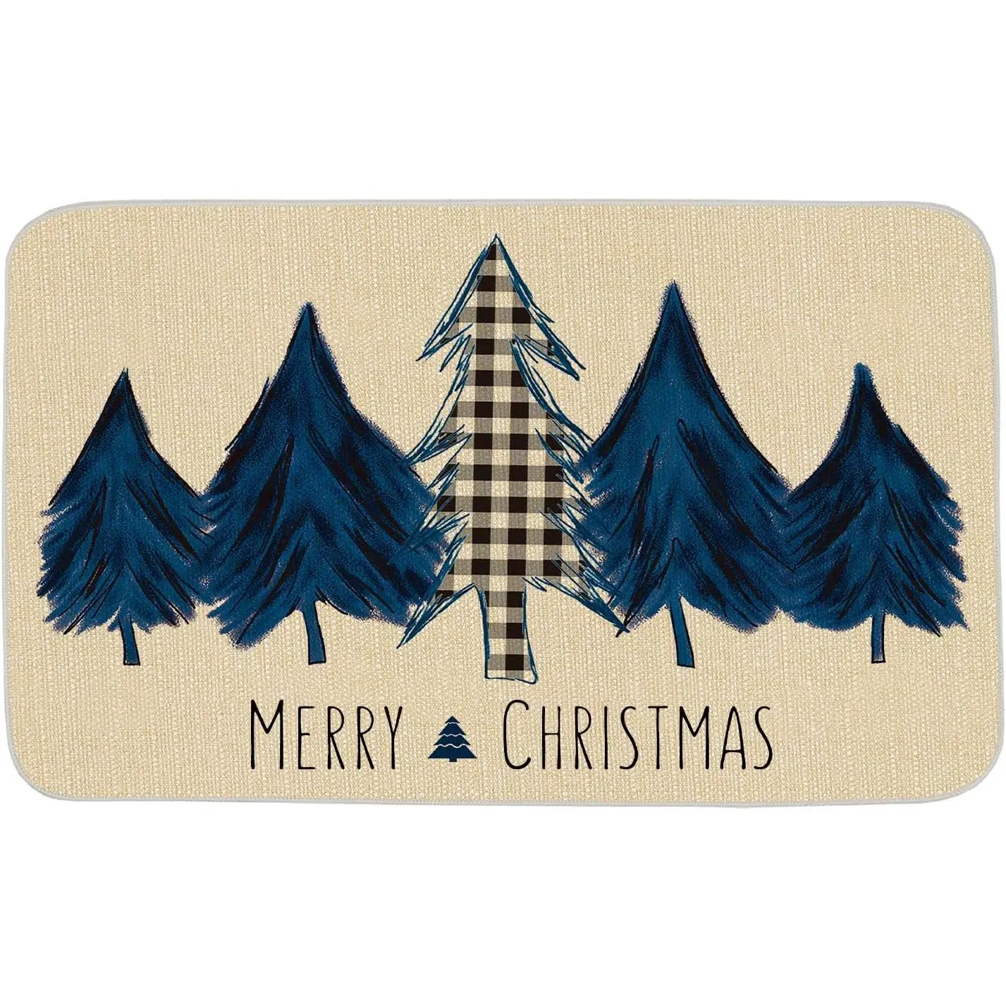 Christmas Trees Door Mat Seasonal Winter Happy Holiday  Blue Tree Doormat Kitchen Low-Profile Floor Rug  Mat for  Decor Indoor Outdoor 29 x 17 Inch