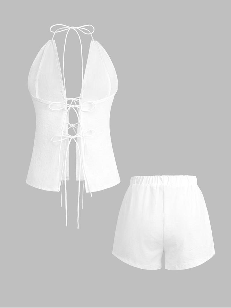 Women's Solid Color Tie Back Top & Shorts Set, Casual Fashion Chic Two-piece Outfits for Summer, Ladies Clothes for Beach Holiday Vacation, Womenswear