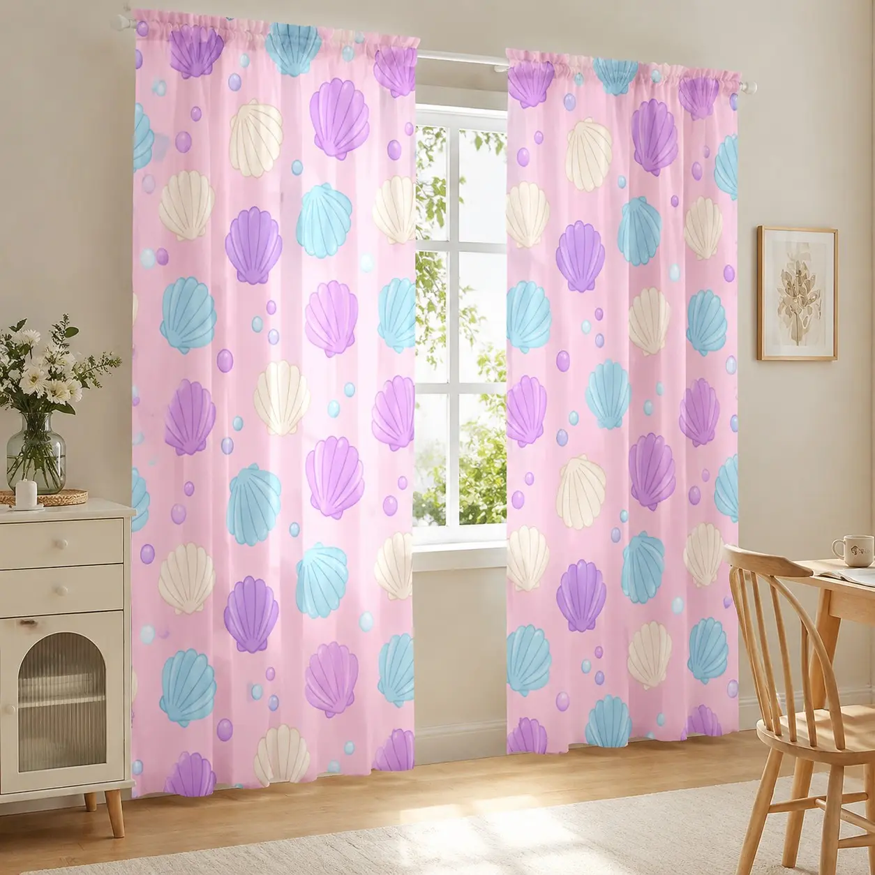 2-Pack Light Cartoon Shell Curtains, Semi-Transparent, Blue Seashell Print, Sweet Ocean Style, Girls' Bedroom, Baby Room, Bathroom, Beach House Decor
