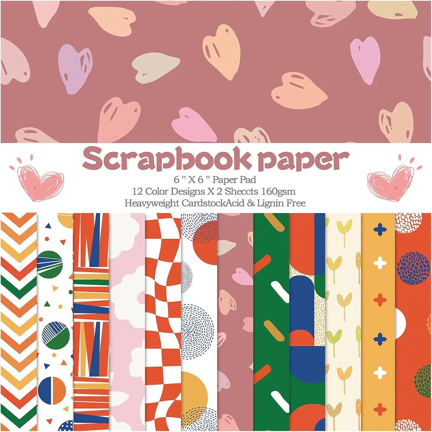 Sweet Love Scrapbook Paper, 24 Sheets 6"×6” Single-Sided Patterned Cardstock Pads,160gsm  Decopodge Scrapbook Supplies, Junk Journal Decorative Crafts DIY Album Card Making Art Journaling