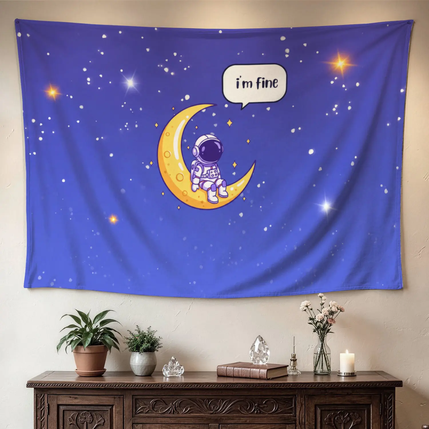 Astronaut on Crescent Moon Starry Sky Polyester Wall Tapestry - Large Horizontal High-Res Print, Colorfast Hippie Vibe Room Decor, Easy No-Installation Bedroom Decor Idea Gift for Family, Gift Idea