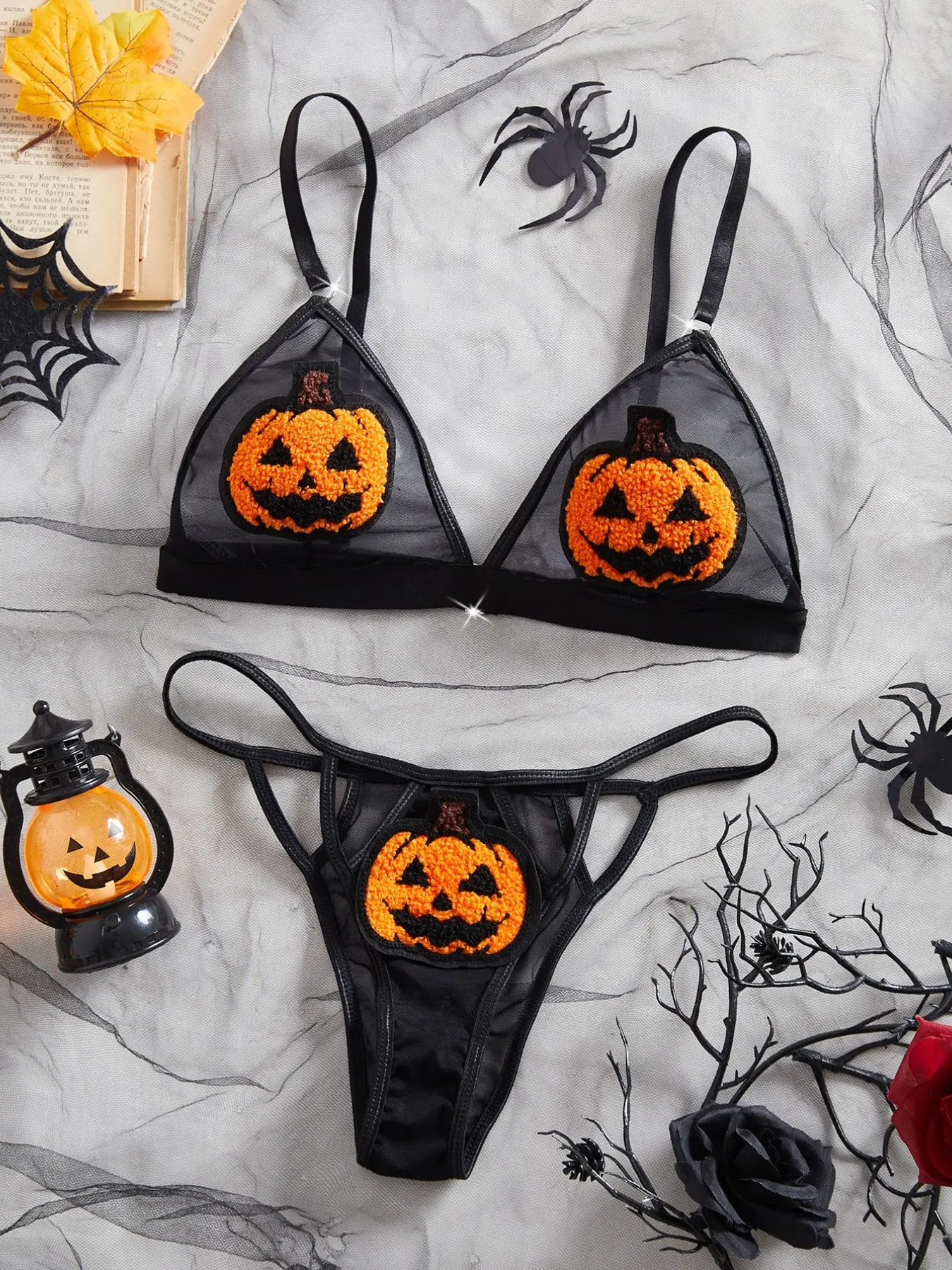 Halloween Romantic Pumpkin Lace Underwear Set, Soft Lace Fun Print Sheer Design, Perfect for Parties, Gatherings, Holiday