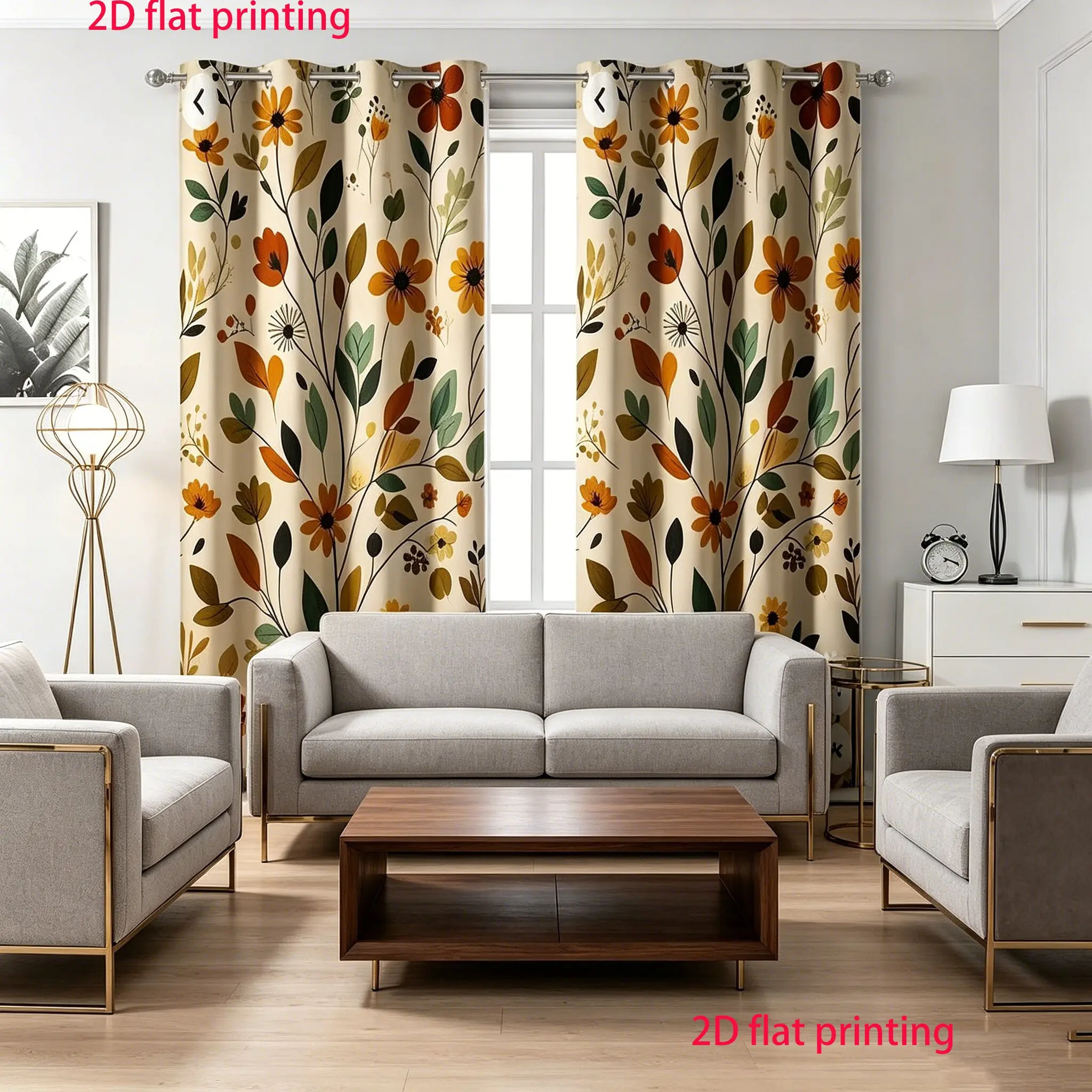 Two piece set of curtains, featuring brown floral patterns and embellished with green leaves, modern style curtains with metal rings, made of semi transparent polyester fabric, home decoration, Room Decor Curtain