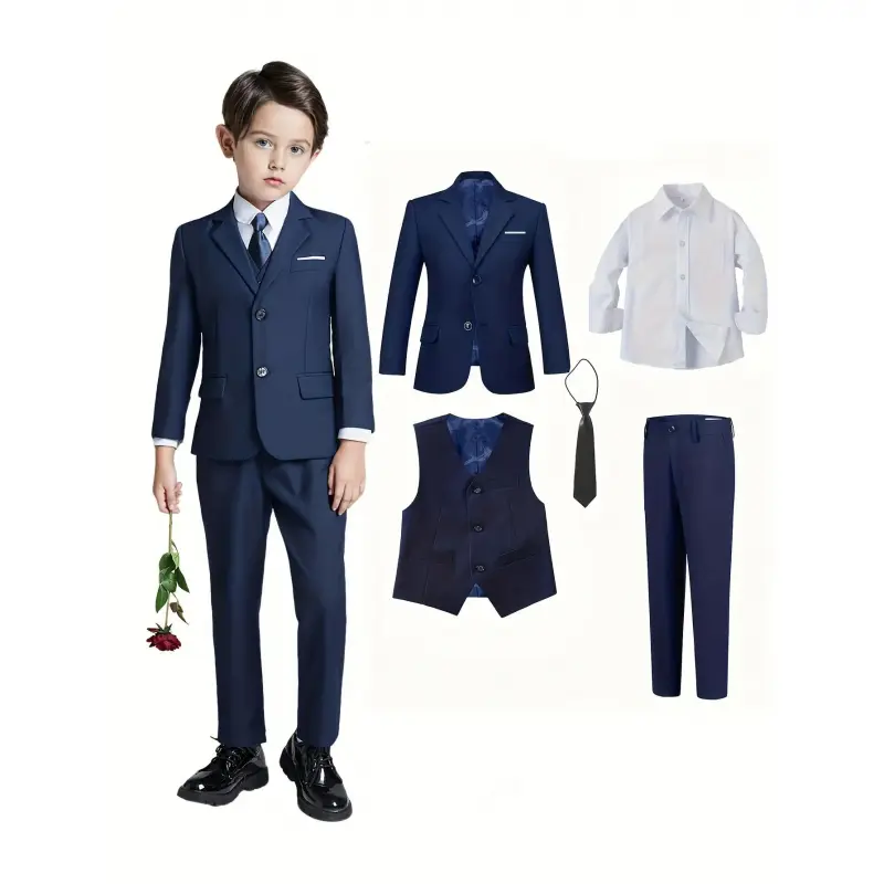 Boy'S Suit Five-Piece Blazer Coat Jacket Vest White Long Sleeve Shirt Pants Tie Random Wedding Birthday Party Family Gathering Performance Graduation Ceremony Important Occasions Teen Suit Dress School Uniforms Age 3-14