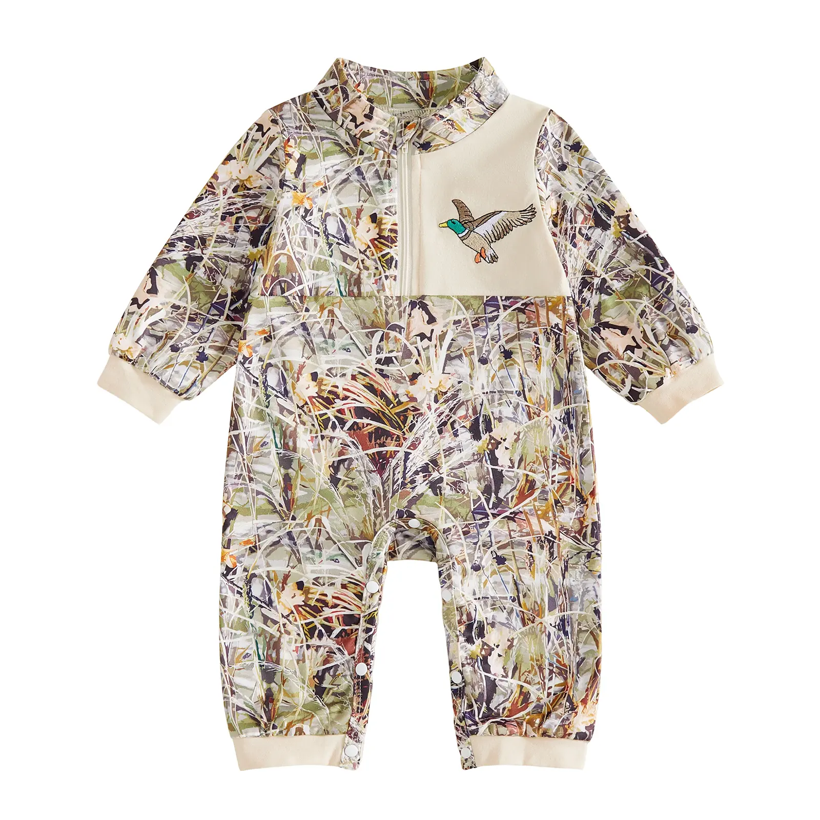 REDWOON Infant Baby Boy Mallard Duck Embroidery Long Sleeve Romper Camouflage Patchwork Half Zipper Jumpsuit Fall Winter Clothes 0-18 Months