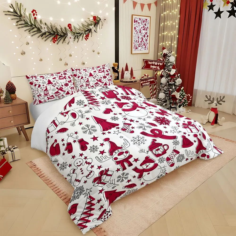 2/3Pcs Christmas Comforter Set, Festive Snowman & Reindeer Quilt Bedding Set, Holiday Theme Bedspread with Pillowcase, Soft Winter Bedding for Kids Bedroom Decor No Pillow Core