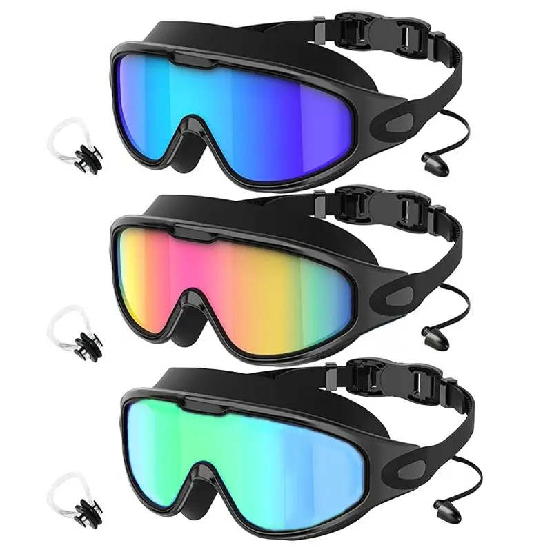 3-Piece Adult & Teen Swimming Goggles Set, Uv400 Anti-Fog Leak-Proof Silicone, Nose Clip & Ear Plugs, 180° Wide View, Unisex, Outdoor Water Sports, Silicone Pool Goggles