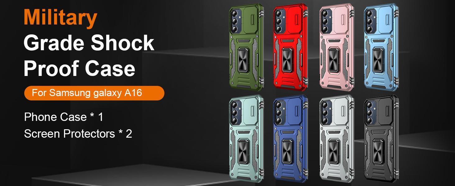 for Samsung Galaxy A16 5G Case with Slide Camera Cover + Screen Protector(2 Packs), Rotated Ring Kickstand Military Grade Shockproof Protective Cover for Samsung Galaxy A16 5G (Black)