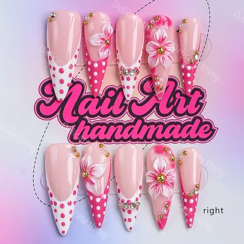 Long Point Artificial Nails, 10pcs Y2K Style Press-On Nails, Fake Nails, Handmade, XS-S-M-L Sizes, Perfect for Parties, Includes Jelly Glue, Crystal Stick, File