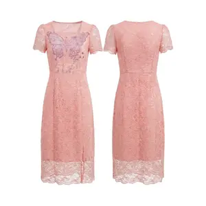 TCH pink square neck dress for women's summer new A-line waist cinching slimming temperament, front slit mid length lace skirt