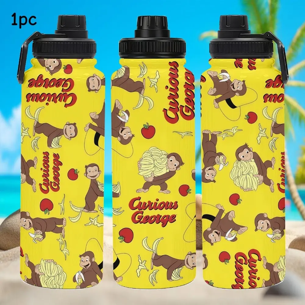 1pc 33oz stainless steel insulated cup, Curious George, yellow background with banana and apple full printing of cute monkeys. Suitable for outdoor activities, commuting, as a personalized holiday/birthday gift, a high-quality large-capacity water cup