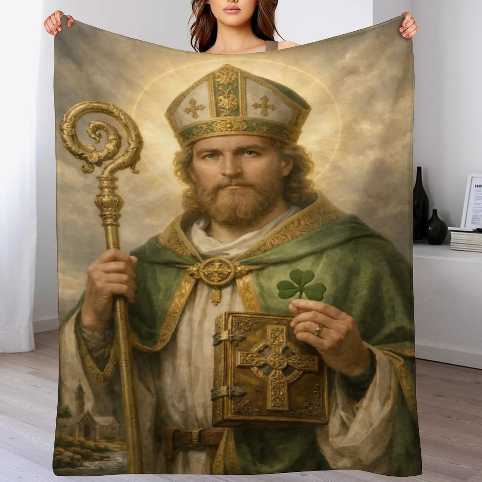 Saint Patrick Classic Art Portrait Cozy Flannel Throw Blanket, Soft Warm Decorative Blanket for Couch Bedroom, Catholic Irish Themed Gift
