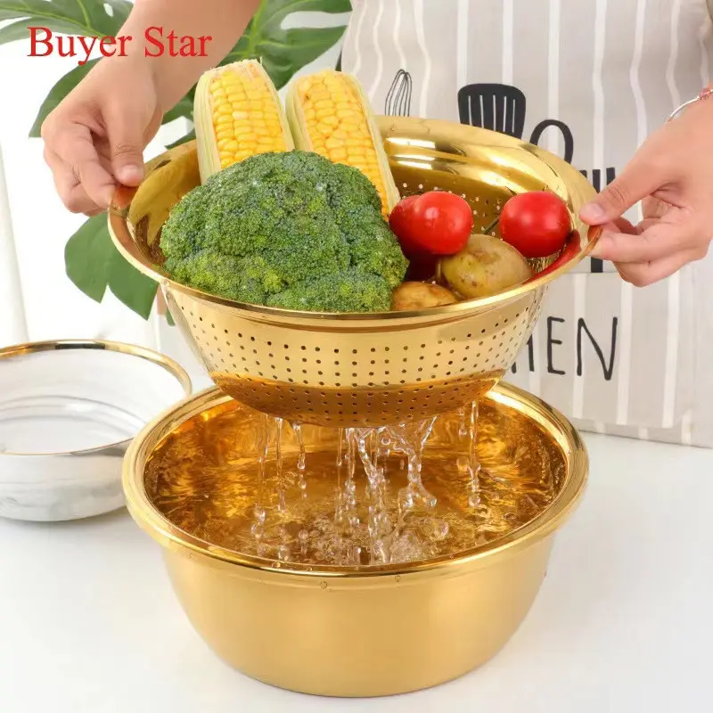 3-Piece Kitchen Tool Set, Stainless Steel Vegetable Washer, Fruit Basket, Grater, Rice Strainer, Multi-Functional Home Use