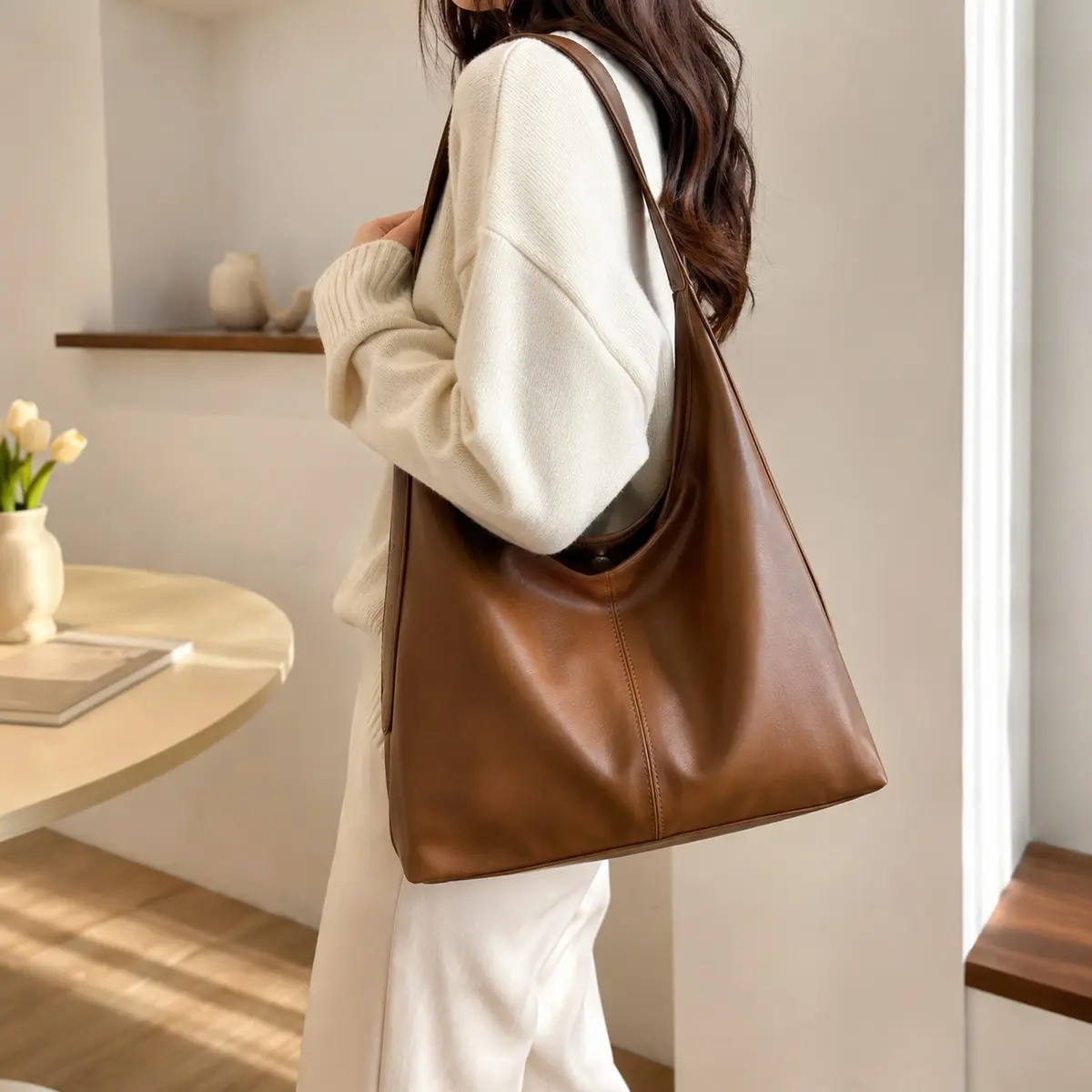 Women's Soft Slouchy Shape Synthetic Shoulder Bag with Shoulder Strap - Casual Commuter Bag, Large Capacity Leather-Look Tote for Shopping, Back to School, Work