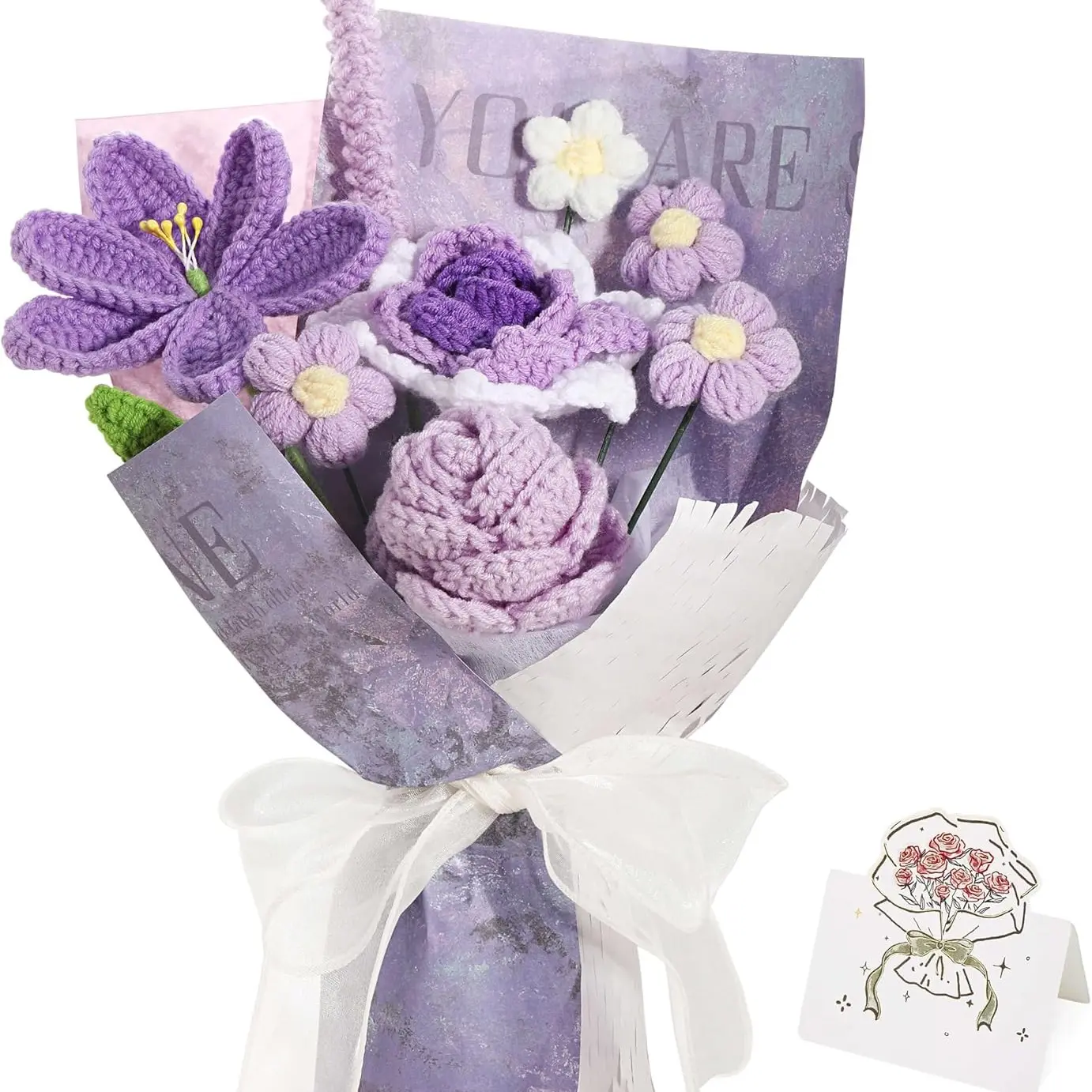 Handmade Knitted Decorative Flower Bouquet, Tulip Rose Lavender, Teacher Thank You Birthday Graduation Mother's Day Gift for Women Wife