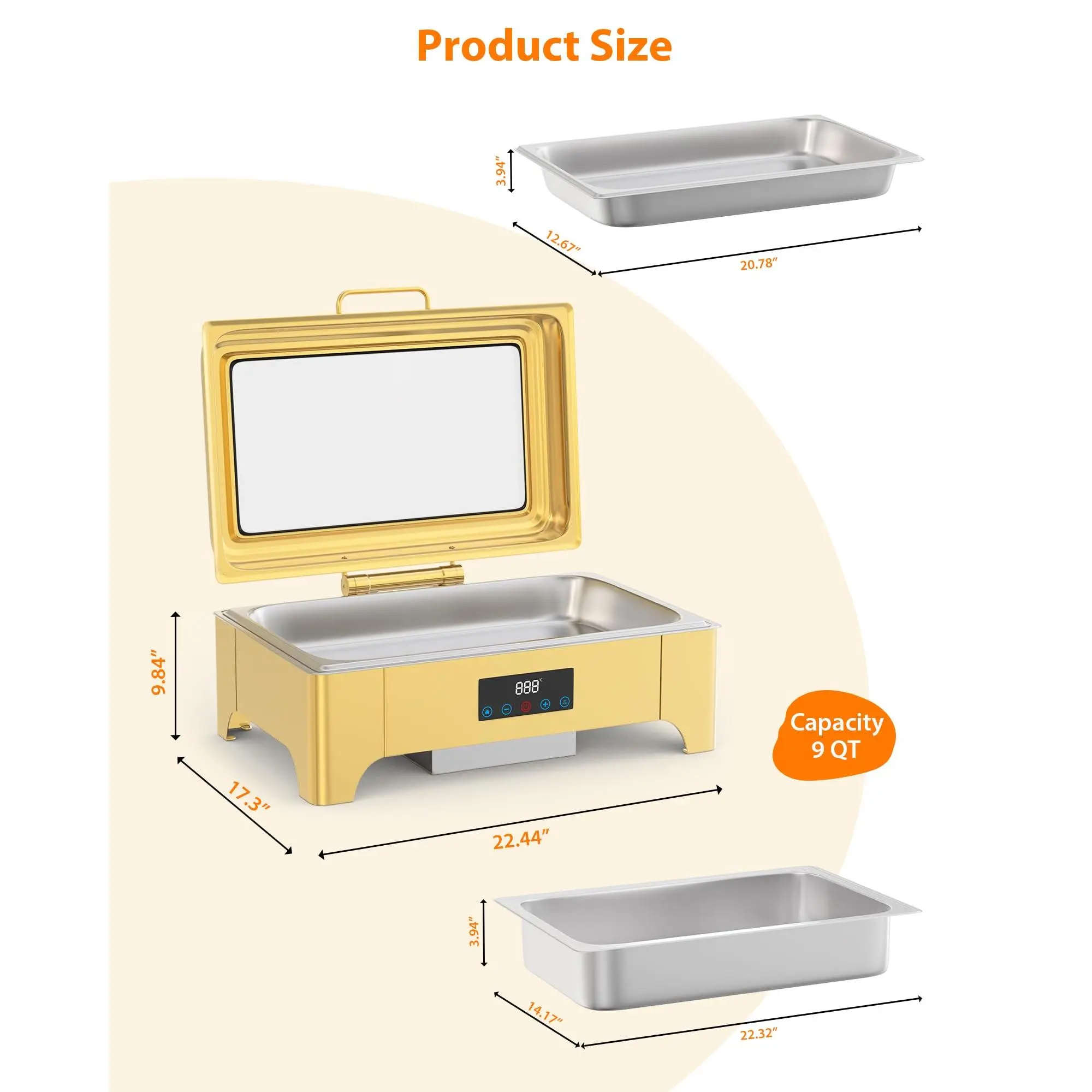Garvee 9 QT Electric Chafing Dish with Touch Screen, Full Size Roll Top Buffet Food Server and Warmer with Glass Lid, Ideal for Catering, Parties, and Weddings, Gold Finish