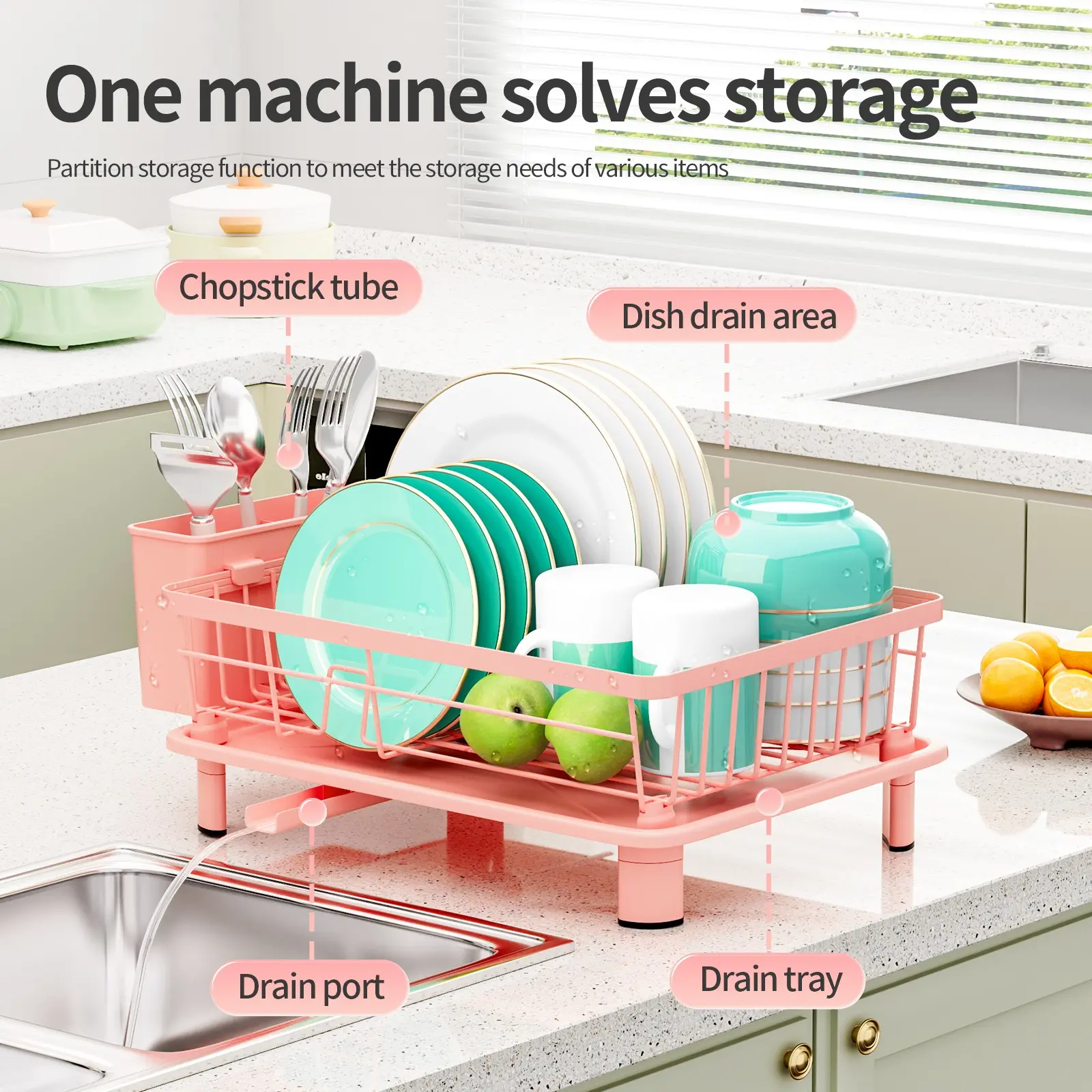 Kitchen Bowl Rack with Drain Tray, Multi-Functional Metal Dish Storage, Large Capacity Cutlery Organizer, Hc-Wd14 Model