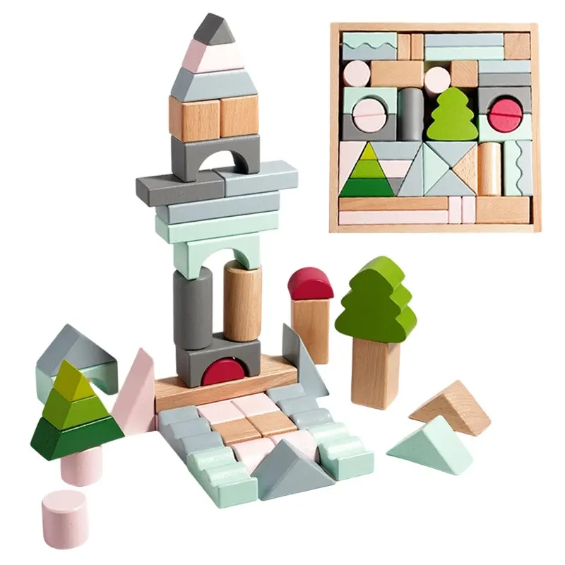 Wooden 43 Pieces Macaron Colorful Creative Building Blocks, Large Grit Assembly Toy, Toddler Stacking Blocks, Christmas Gift