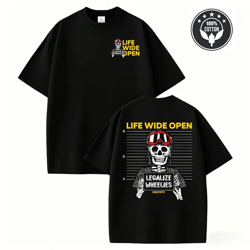 Women's "Life Wide Open" Double-Sided Graphic Menswear Garment, Skeleton Wheelie Biker Shortsleeve T-Shirt, Breathable Slimming Unisex Streetwear Top, CBOYSTV Inspired "Legalize Wheelies" Tee