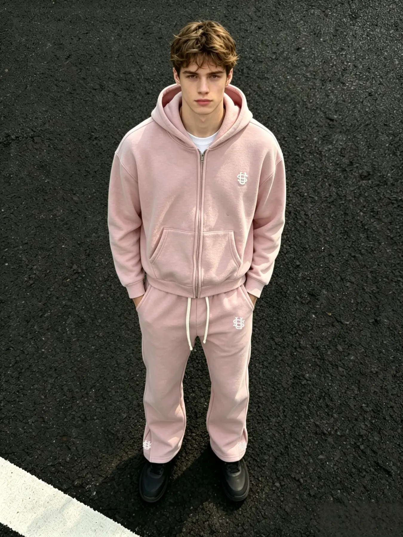 American Vintage Y2K Embroidered Hoodie Set for Men, Loose Straight Leg Split Pants Two-Piece Set, High Street Casual Sportswear, Athleisure Street Fit