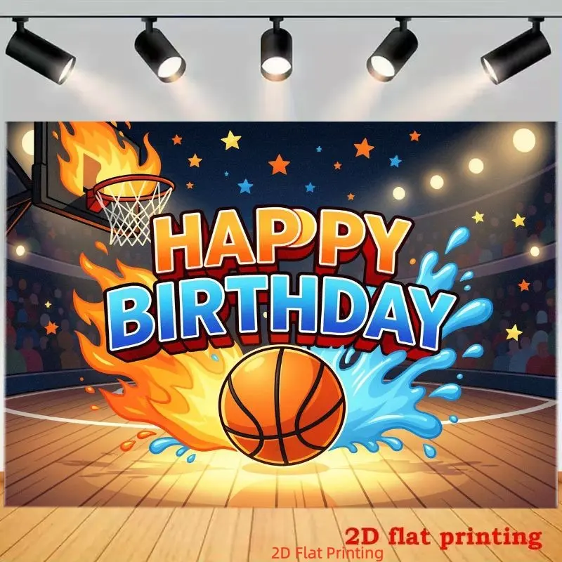 Basketball Theme Birthday Party Backdrop, Flame and Water Splash Background, Sports Birthday Decoration, Indoor Outdoor Photo Backdrop, Polyester Material