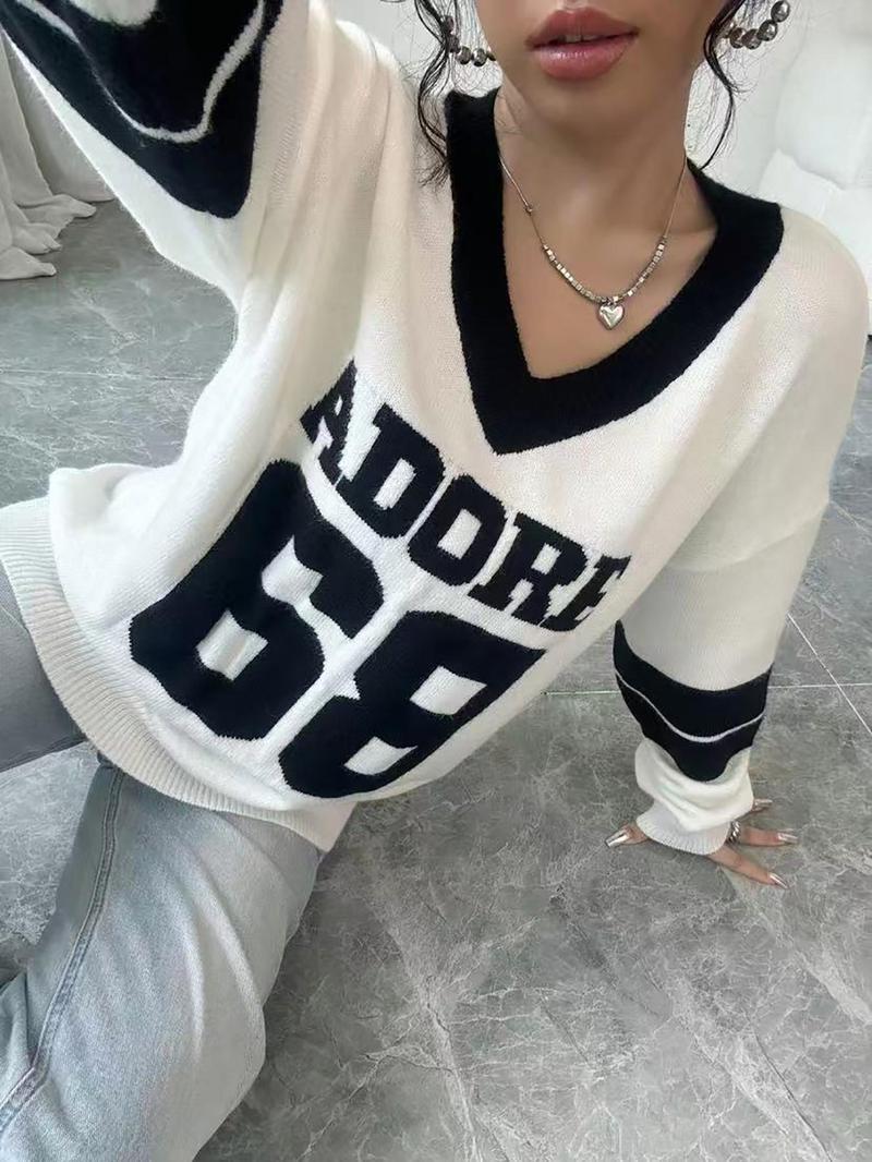 Autumn Winter Color Block V Neck Sweater for Women, Casual Loose Knitwear with Letter Design, Trendy Streetwear, Comfortable Long Sleeve Sweatshirt