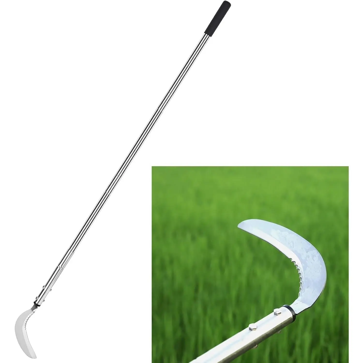 Weeding Sickle, Serrated & Plain-Edged Combined Steel Scythe 51-Inch Adjustable Long Handle, Lightweight Long-Handled Garden Sickle Tool for Gardens, Yards, Fields & Overgrown Areas