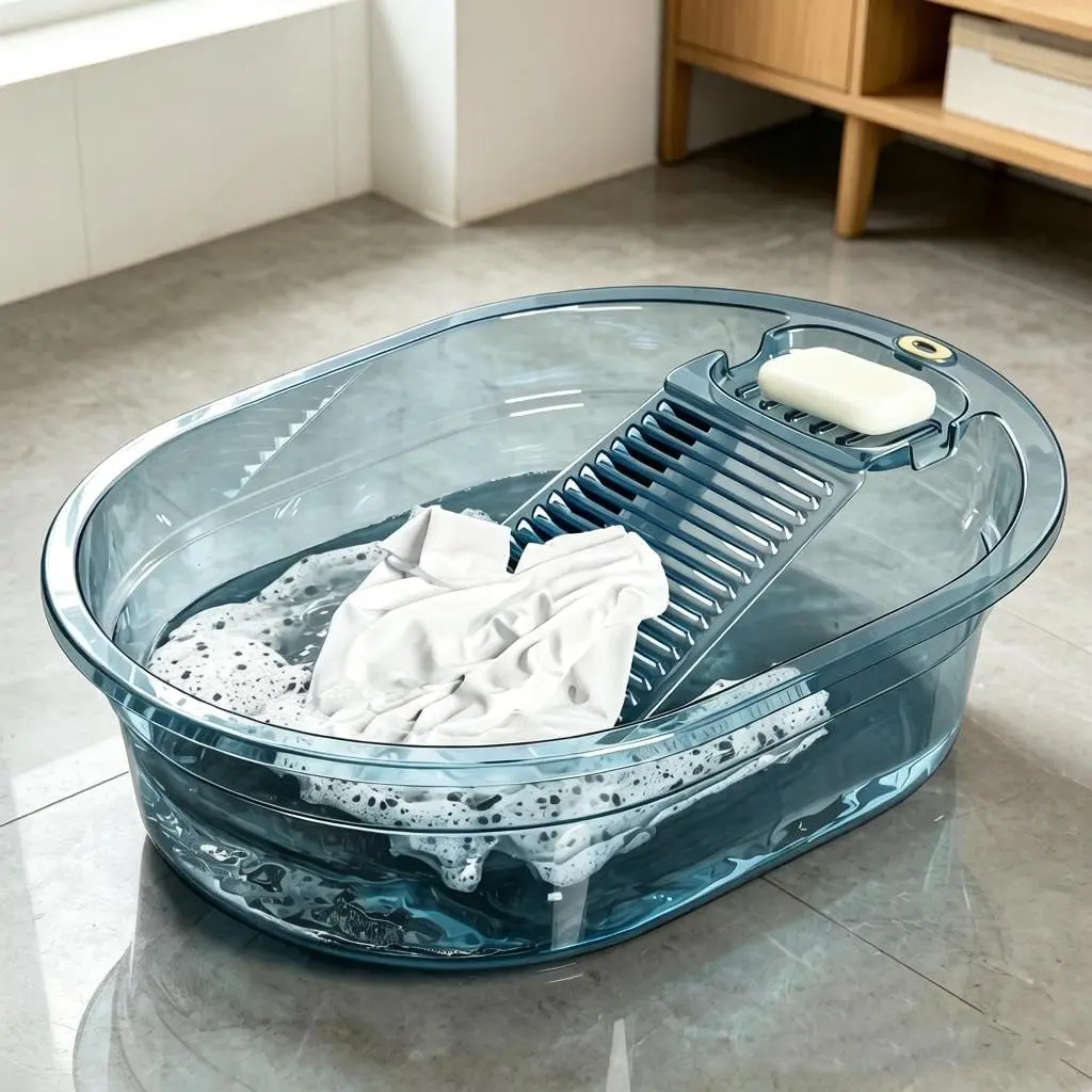 Hand Washing Clothes Basin with Built-in Washboard, 19.2 Inch Laundry Wash Tub Equipped with Soap Holder and Carry Handles, Portable Hand Wash Container Suitable for Delicates, Baby Garments, Apartments, Dorms, RVs and Indoor Sink Use