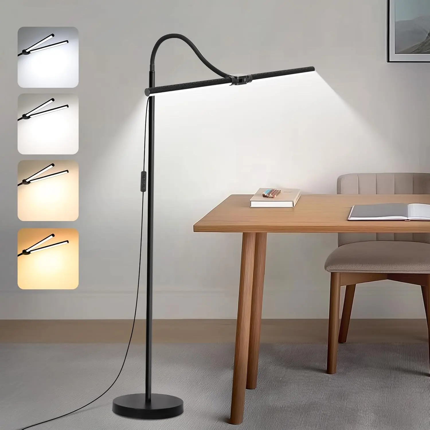 LED floor lamp, 18W/2000LM bright reading light, suitable for office, dual-head design, adjustable gooseneck lamp arm, dimmable modern standing lamp, suitable for eyelash extension work, eye-protecting floor lamp, suitable for living room
