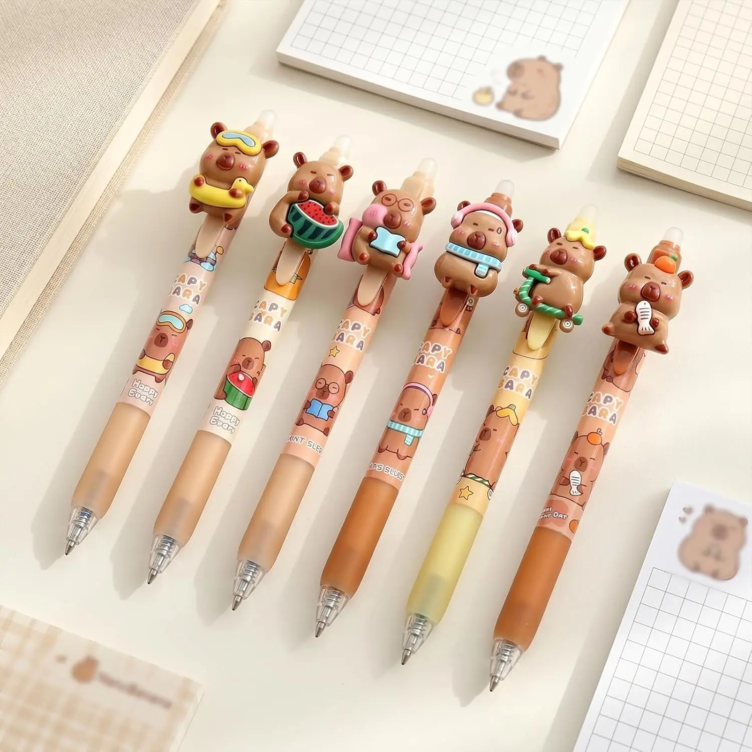 6pcs Cute Capybara Erasable Pens, 0.5mm Retractable Fine Point, Smooth Black Ink, Kawaii Cartoon Stationery for Back to School Office Supplies, Party Favors for Students Boys Girls Daily Use Pen Set