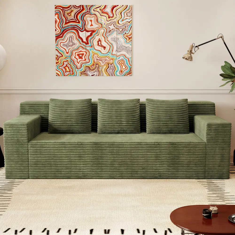 71" Love Seat Couches, Corduroy Boneless Loveseat with Deep Seats, 2 Seat Couch Apartment Size Couch with 3 Pillows&Side Pockets for Bedroom, Office, No Assembly Required, Green