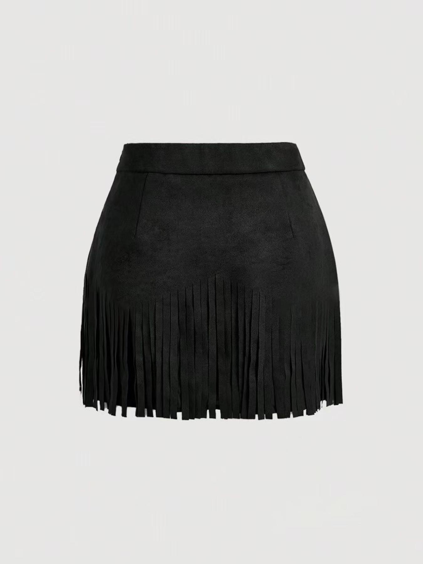 Women's Fringe Trim Short Skirt, Elegant Solid Color Zipper Skirt for Daily Wear, Ladies Bottoms for All Seasons