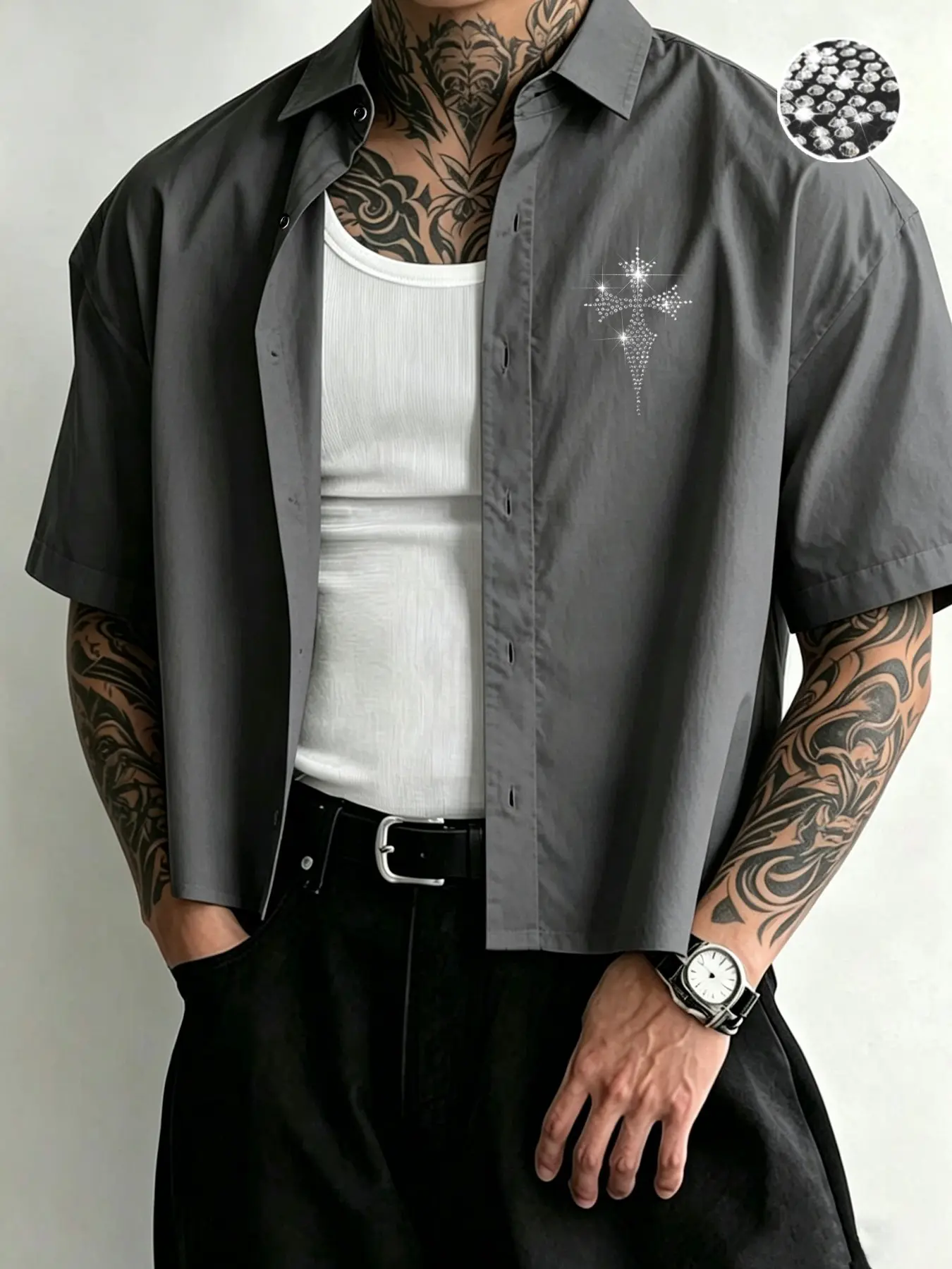 Men's Short Sleeve Button-Down Collared Shirt, Cross Print Design, Oversized Top, Casual Street Style, Perfect for Layering & Single Wear