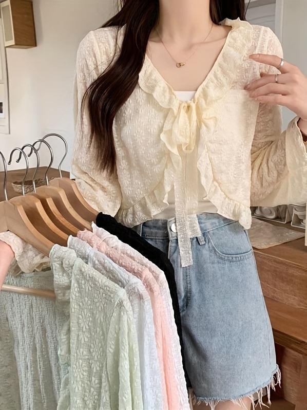 Elegant and Lightweight Lace-up Cardigan-Breathable Chiffon Shawl, Ruffles, Long Sleeves, Sun Protection-Spring/Women's Summer Top, Soft Blue, White, Cream, Pink, Black Fitted Knitwear Womenswear Basic Beige Casual