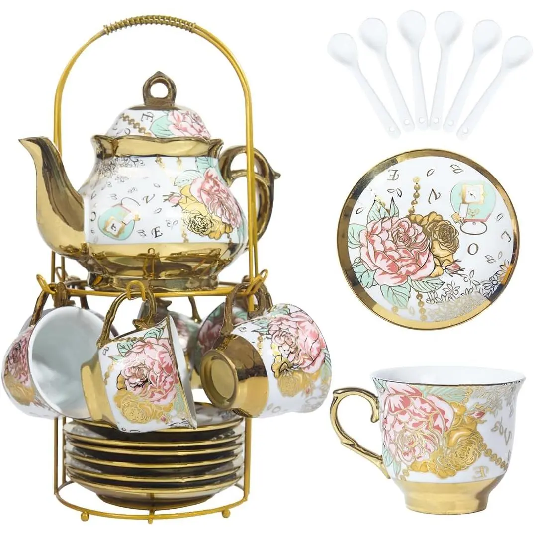 CHANJOON Gold Plated Red Rose Ceramic Tea Set, Vintage Tea Sets with Teapot, Beautiful Tea Set Coffee Serving 6 People (Golden, Medium)