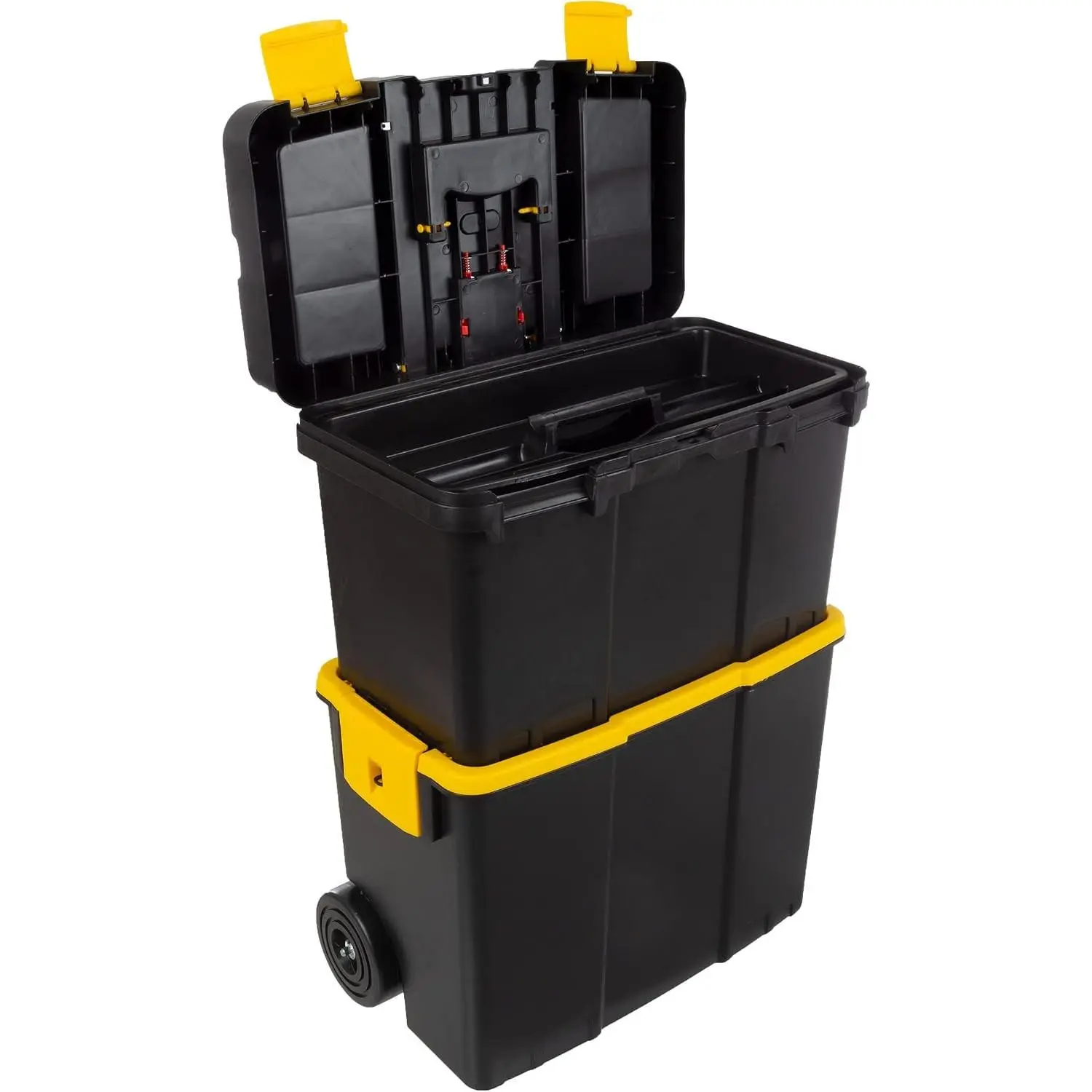 Portable Tool Box with Wheels - Stackable 2-in-1 Tool Chest with Fold-Down Comfort Handles, Tough Latches, and Removable Storage Trays