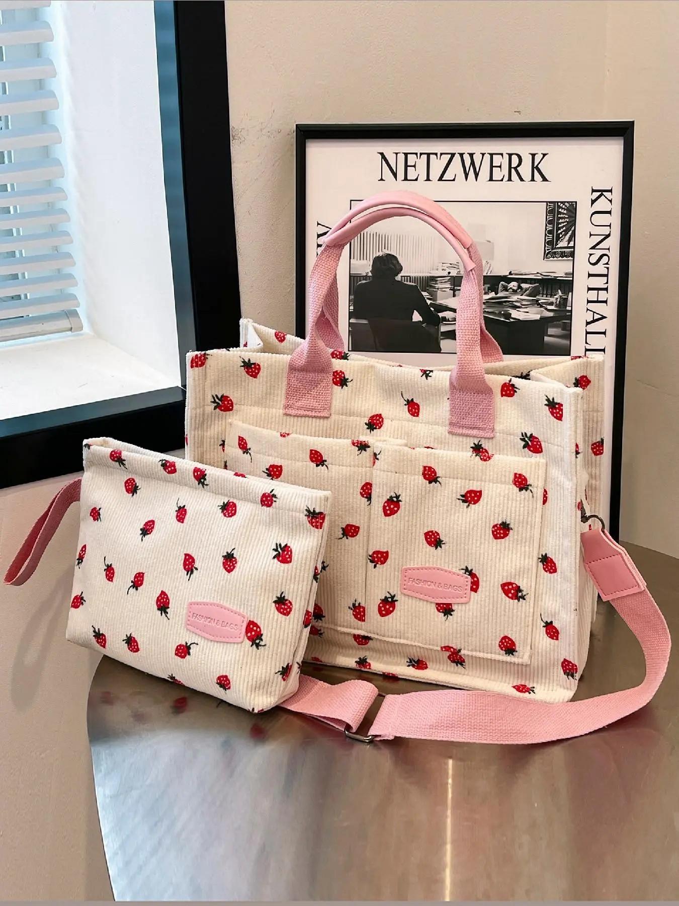 Women's Strawberry Pattern Crossbody Tote Bag & Purse, Casual Versatile Shoulder Bag & Coin Purse, Trendy High-quality Daily Commuting Bag, Fashionable Bag, Casual Handbag Satchel