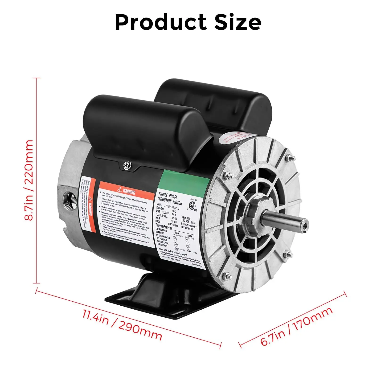 High Power 2HP SPL Air Compressor Motor Unit, 3450 RPM 230V Electric Motor, 56 Frame 5/8 Keyed Shaft, Dual Rotation CW/CCW, Heavy-Duty Workshop Duty Replacement for Industrial Users