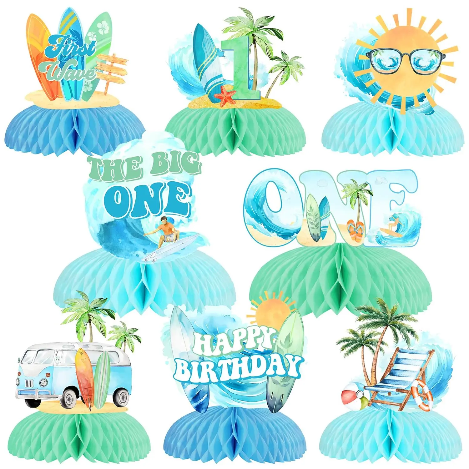 8 Pieces Surf 1anniversary Honeycomb Centerpieces for Boy Girl  The Big One Surf Birthday Decorations Blue and Green Surfing Themed First Birthday Table Toppers for Beach Hawaii Surf Party Supplies