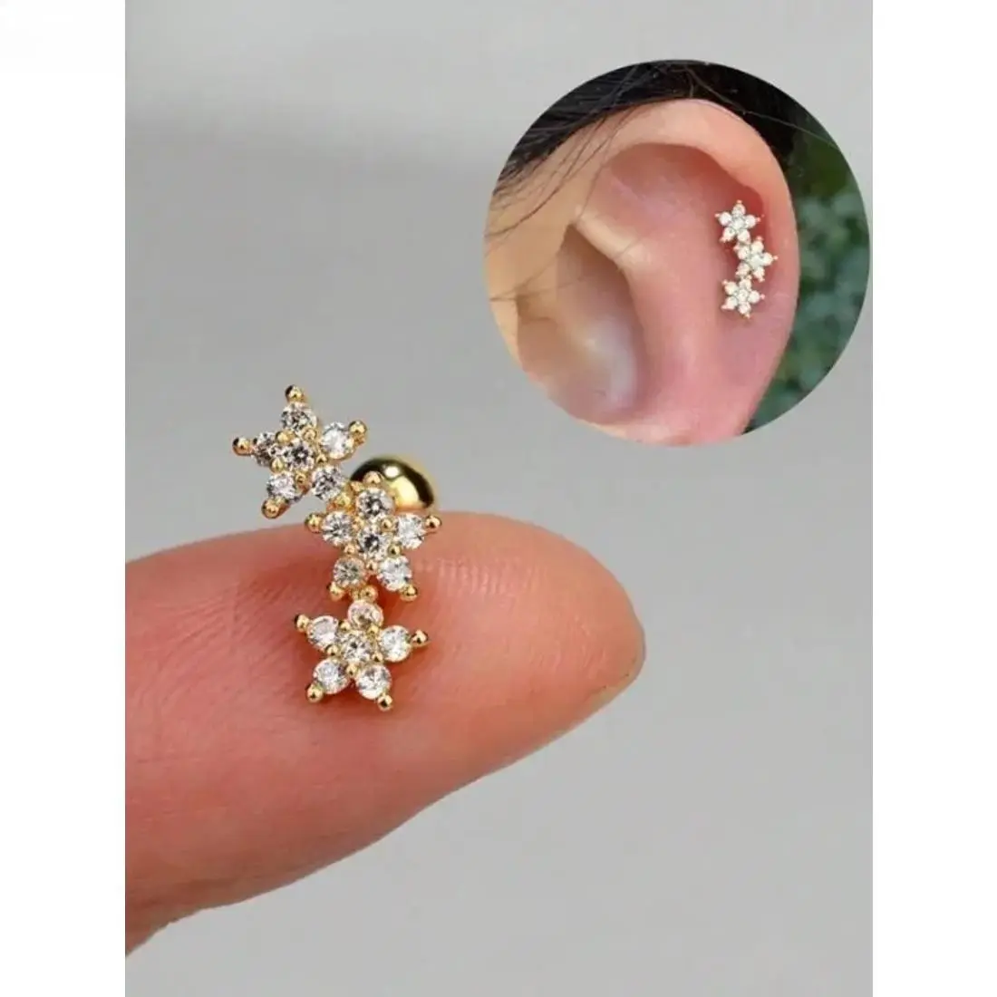 Women's 16G Hypoallergenic Stainless Steel Triple Flower Synthetic Diamond Stud Earrings, Lightweight Cartilage-Helix Piercing Jewelry, Daily All-Seasons Fashion Accessory