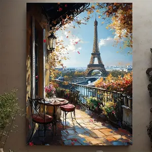2D canvas art, 1-piece set, 30.48X 40.64cm canvas artwork, showcasing a view of the Eiffel Tower from the Paris terrace, presenting an autumn scene. Comes with a reclaimed wooden frame, bright colors, ready to hang