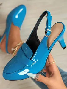 Women's Retro Glossy Leather Backless Pointed Toe Adjustable Buckle Slip-On Mid Heel Shoes, Office Party Daily Wear, Strap Buckle Design