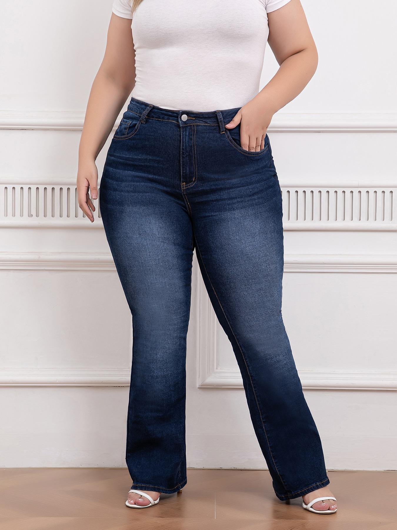 Plus Size Pocket Flare Leg Jeans, Casual Button Fly Bell Bottom Cotton Denim Pants, Women's Bottoms for Daily Wear