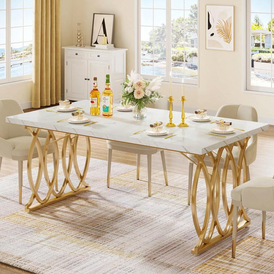 63" Modern Dining Table for 4-6 People, White Faux Marble Tabletop with Gold Geometric Legs, Rectangular Kitchen & Dining Room Furniture 63" Modern Dining Table for 4-6 People, White Faux Marble Tabletop with Gold Geometric Legs, Rectangular Kitchen & Dining Room Furniture