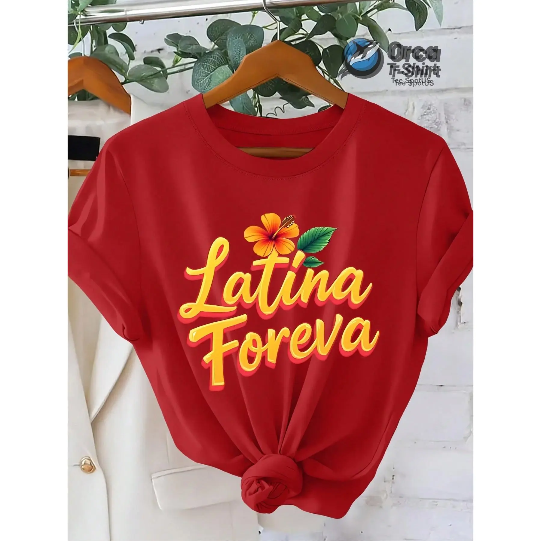 Women's 'Latina Foreva' Full Print Pure Cotton Crew Neck Casual Short-Sleeve Tee, 2026 American Retro Outdoor Lightweight Relaxed Fit, Machine Washable, Size S
