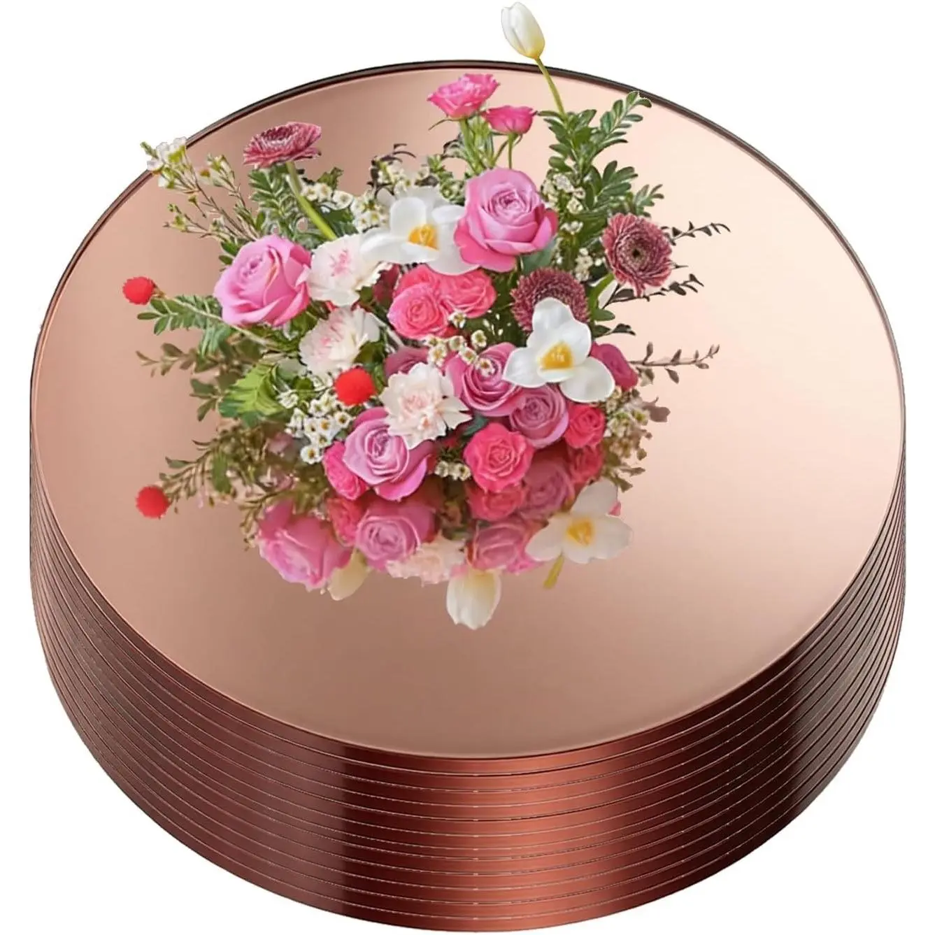 12 Pcs 10 Inch 1.5mm Thick Rose Gold Mirror Decorative Centerpiece Trays for Wedding Party Event Table Decorations