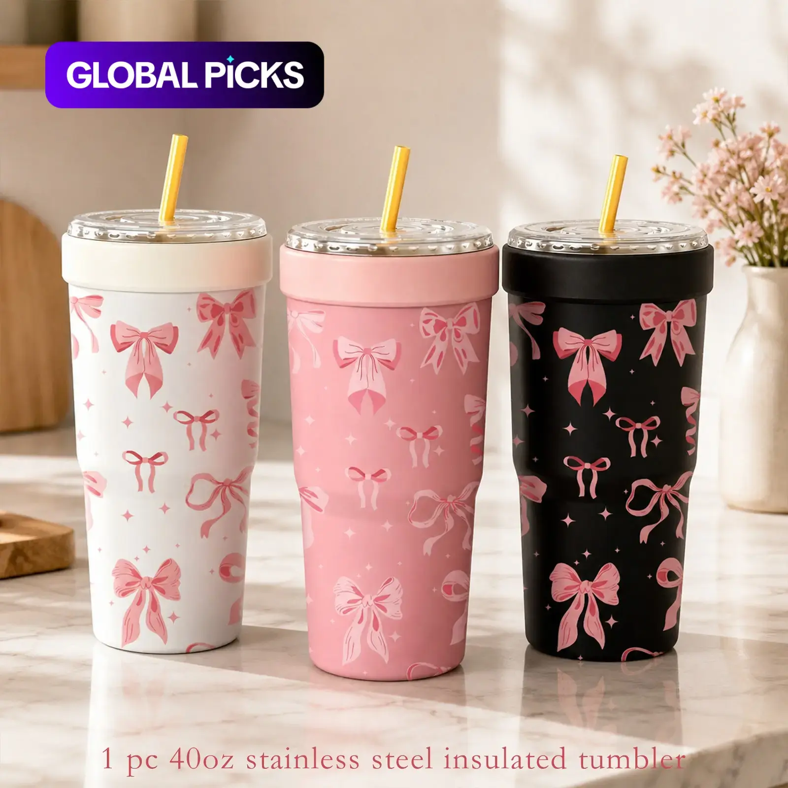 1 PC Cute Pink Bow Print 2-in-1 Insulated Tumbler & Iced Coffee Cup Sleeve, Leakproof Double Wall Vacuum Stainless Steel Travel Mug, Keeps Cold 12+H & Hot 6+H, Fits 16-24oz To-Go Cups, Perfect Birthday, Christmas & Valentine's Day Gift #GLOBAL PICKS