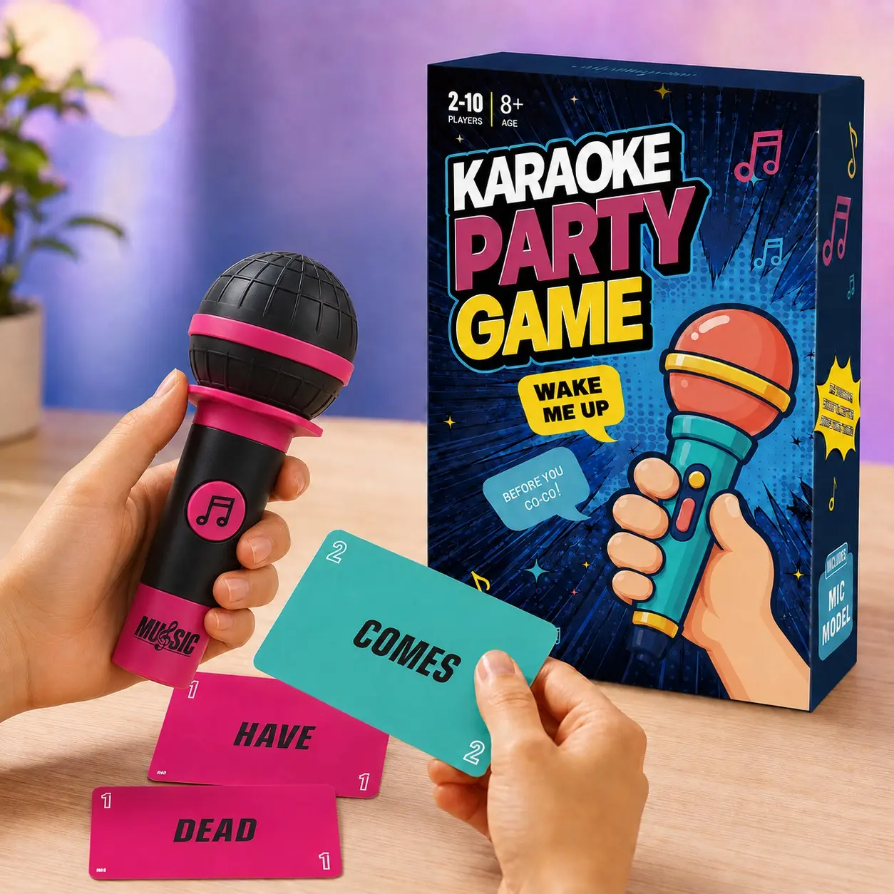 Fun Karaoke Table Game with Foam Microphone, Includes 125 Word Cards, Easy to Play, Suitable for Ages 8+, 2+ Players