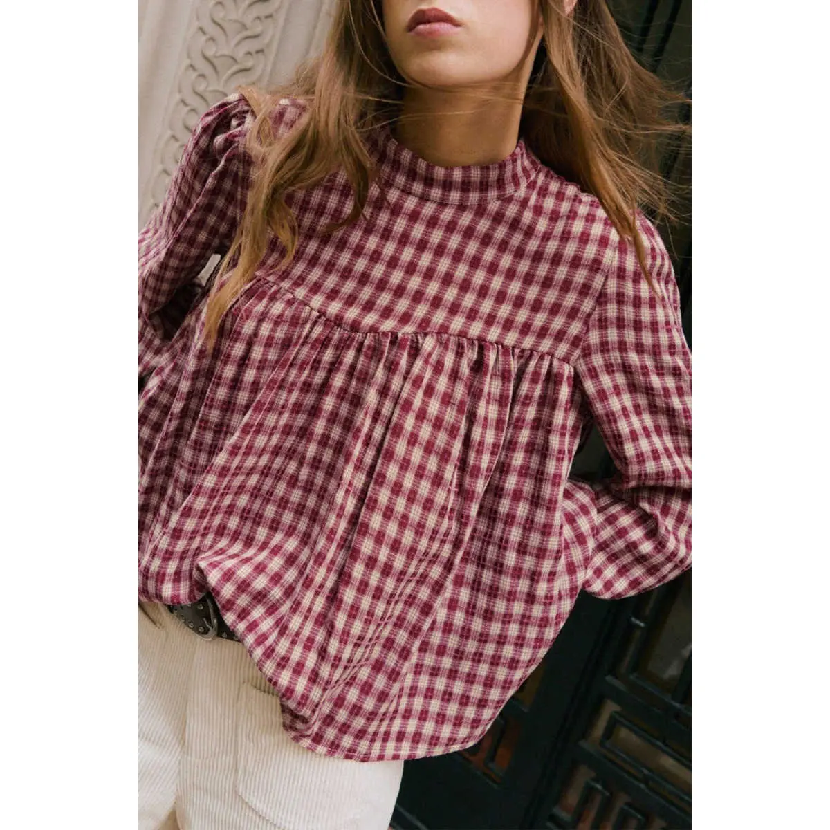 Women's Coral Plaid Viscose-Polyester Blend Casual Loose Pleated Front Blouse - Button Keyhole Round Neck, Country Style Shirt, Long-Sleeve Clothes, Longsleeves