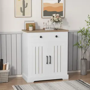 OUTGOODS Modern Small Kitchen Storage Cabinet, Floor Buffet Sideboard with 2 Doors & Drawers, Multifunctional Coffee Bar for Living Room, Dining Room, Bathroom, White